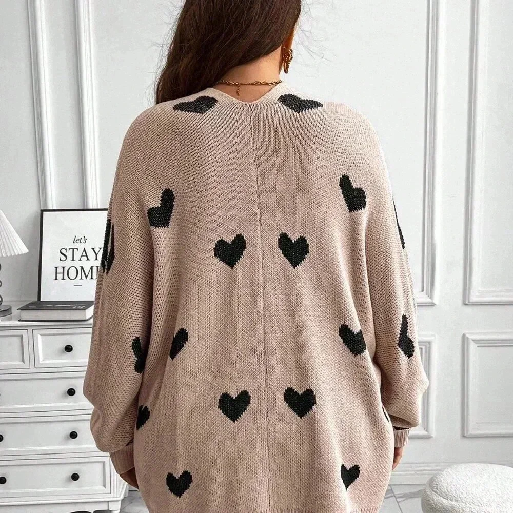 Coffee Brown Casual Women's Plus Size Heart Print Knitted Loose Cardigan